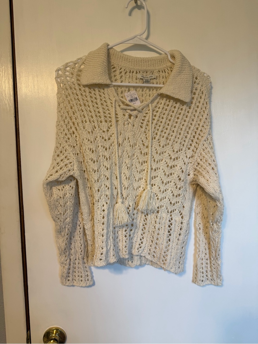 American Eagle Outfitters Cream Open-Knit Lace-Up V-Neck Sweater